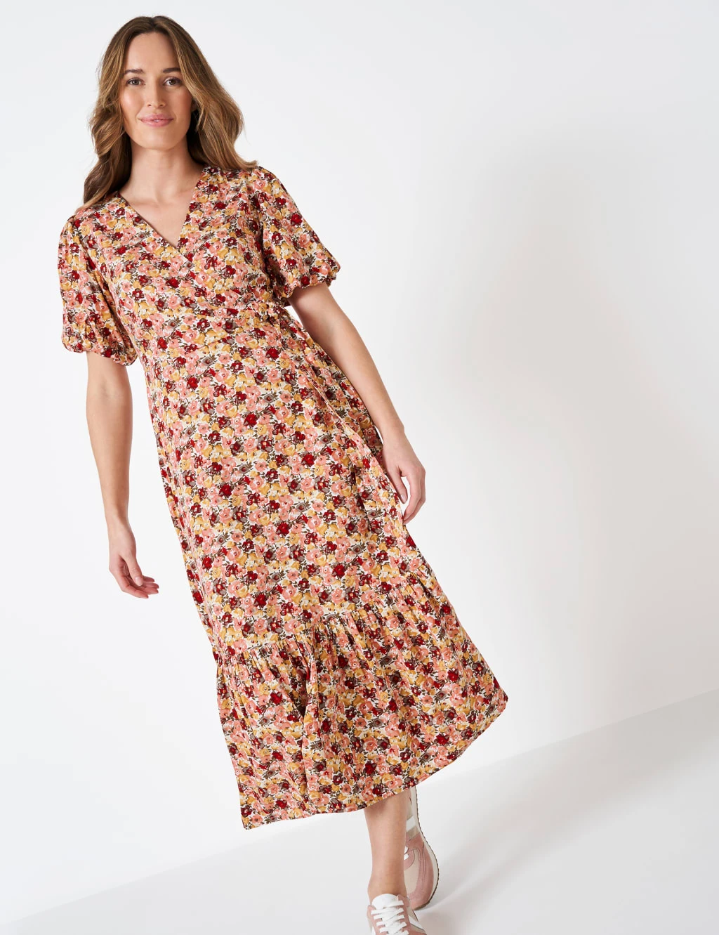 Floral V-Neck Puff Sleeve Midi Wrap Dress 1 Floral V-Neck Puff Sleeve Midi Wrap Dress