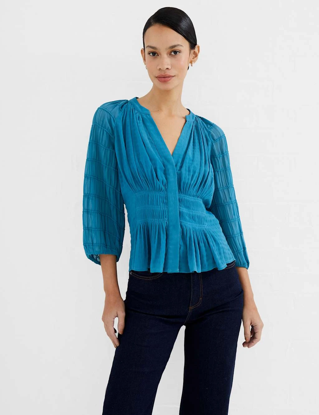French Connection Pleated V-Neck Relaxed Smocked Blouse 2 French Connection Pleated V-Neck Relaxed Smocked Blouse - Image 2