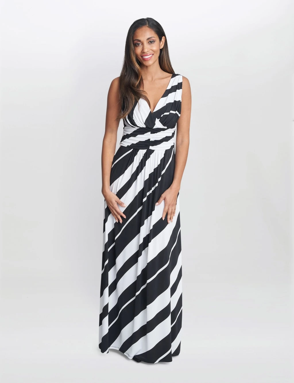 Jersey Striped V-Neck Maxi Waisted Dress 1 Jersey Striped V-Neck Maxi Waisted Dress