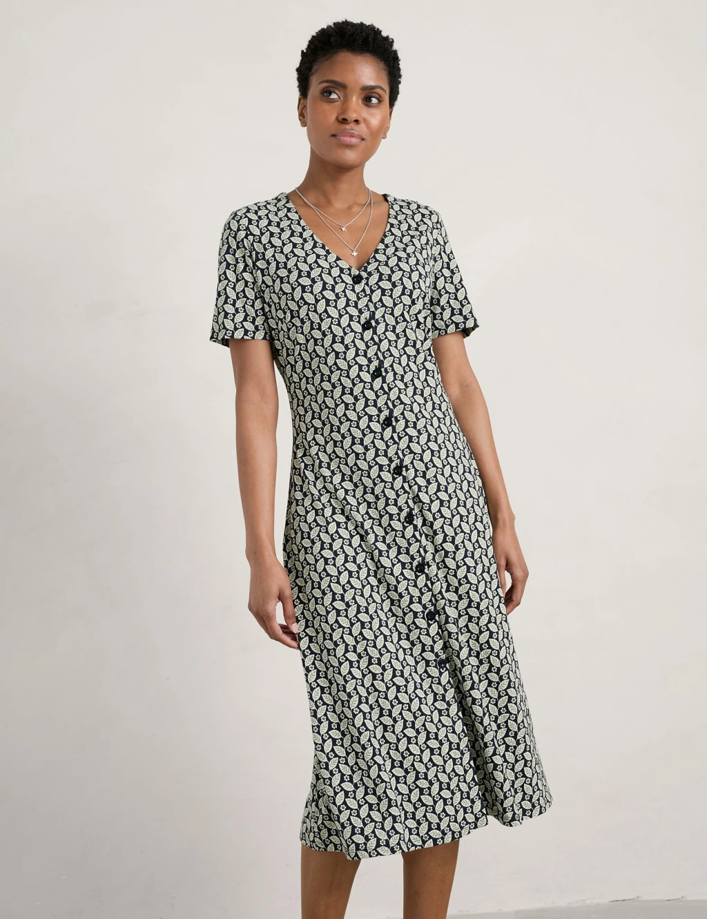 Cotton Rich Floral V-Neck Midi Waisted Dress 3 Cotton Rich Floral V-Neck Midi Waisted Dress - Image 3