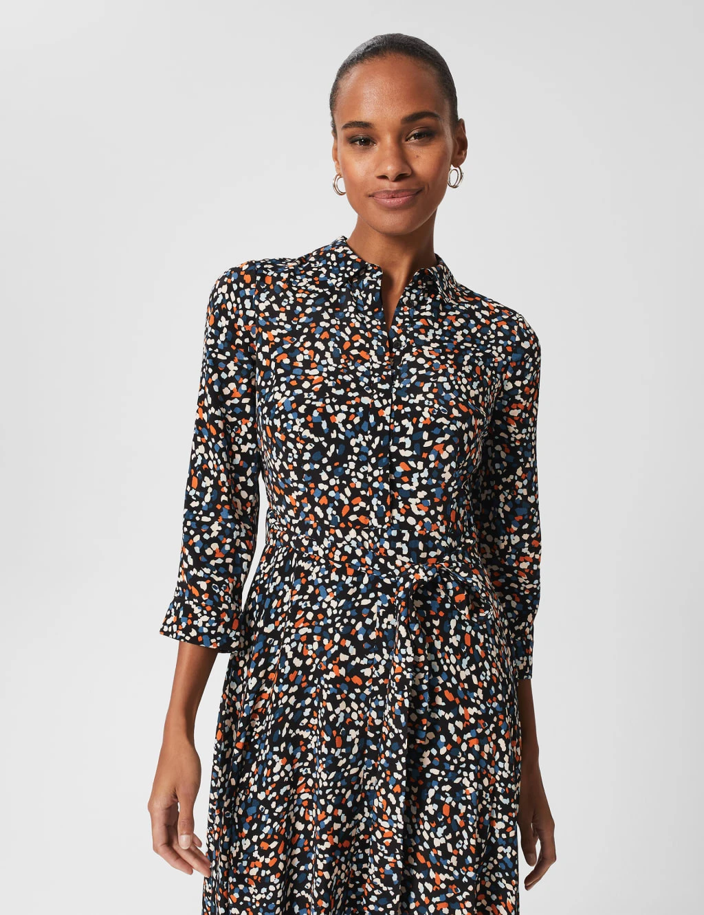 Printed Tie Waist Knee Length Shirt Dress 3 Printed Tie Waist Knee Length Shirt Dress - Image 3
