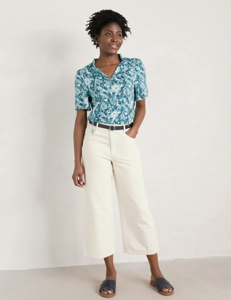 Cotton Blend Floral Frill Detail Top