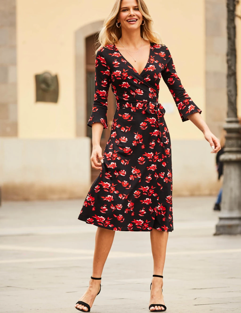 Floral V-Neck Tie Waist Midi Wrap Dress 2 Floral V-Neck Tie Waist Midi Wrap Dress - Image 2