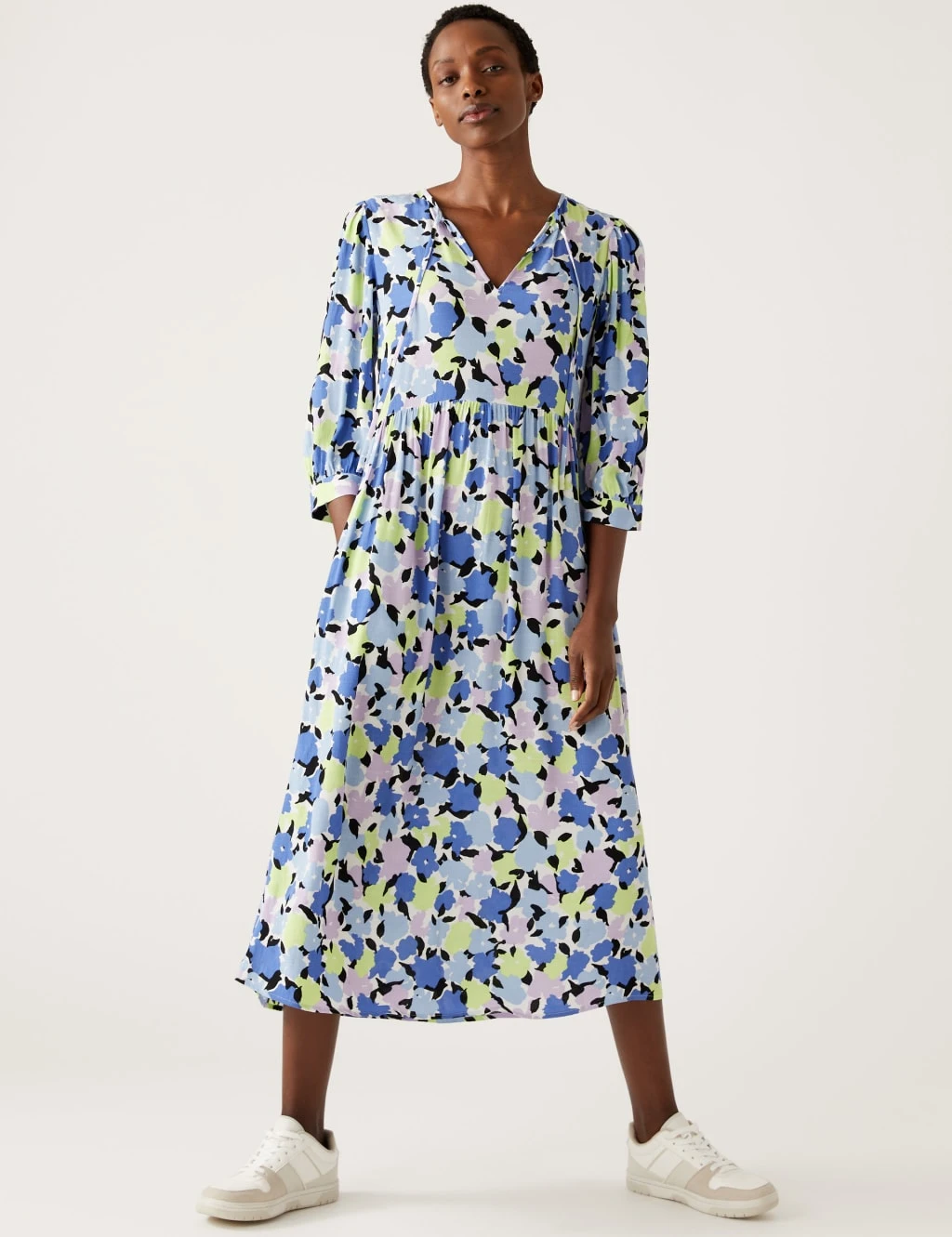Printed Tie Neck Puff Sleeve Midi Dress 1 Printed Tie Neck Puff Sleeve Midi Dress