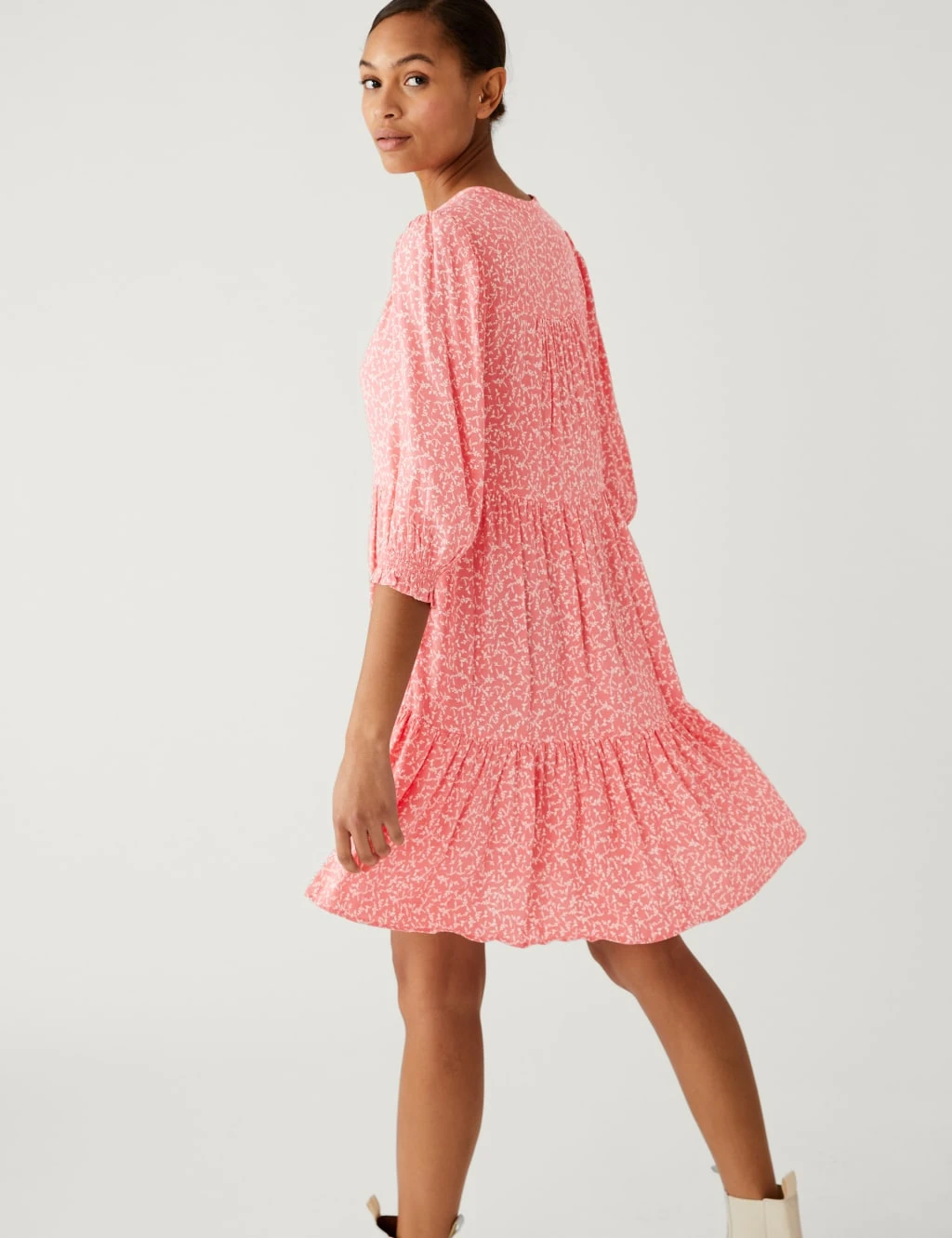 Printed Tie Neck Mini Tiered Dress 1 Printed Tie Neck Mini Tiered Dress