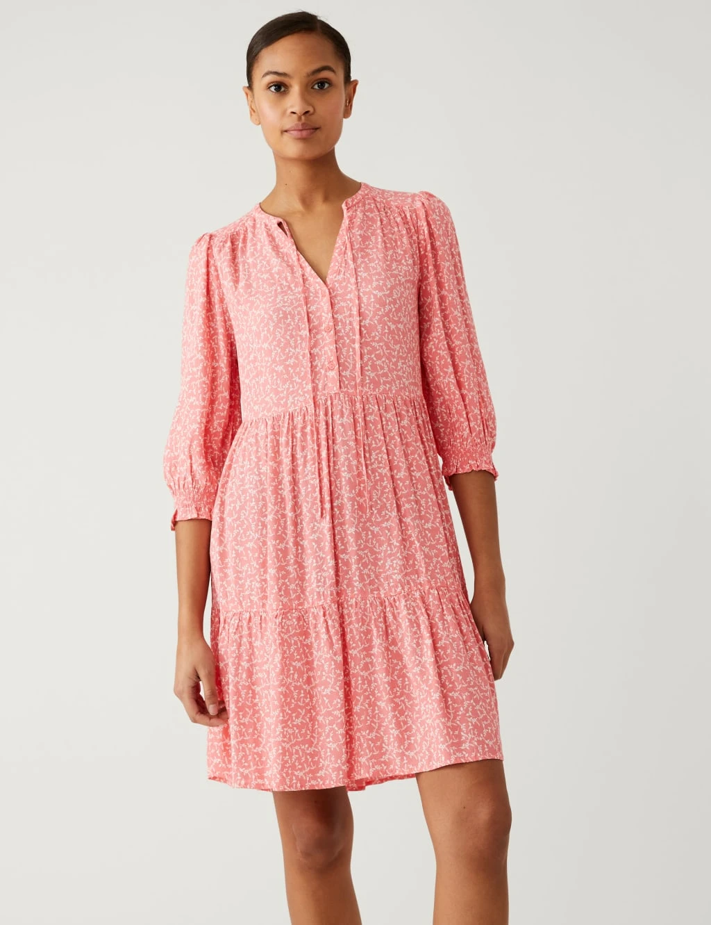 Printed Tie Neck Mini Tiered Dress 3 Printed Tie Neck Mini Tiered Dress - Image 3