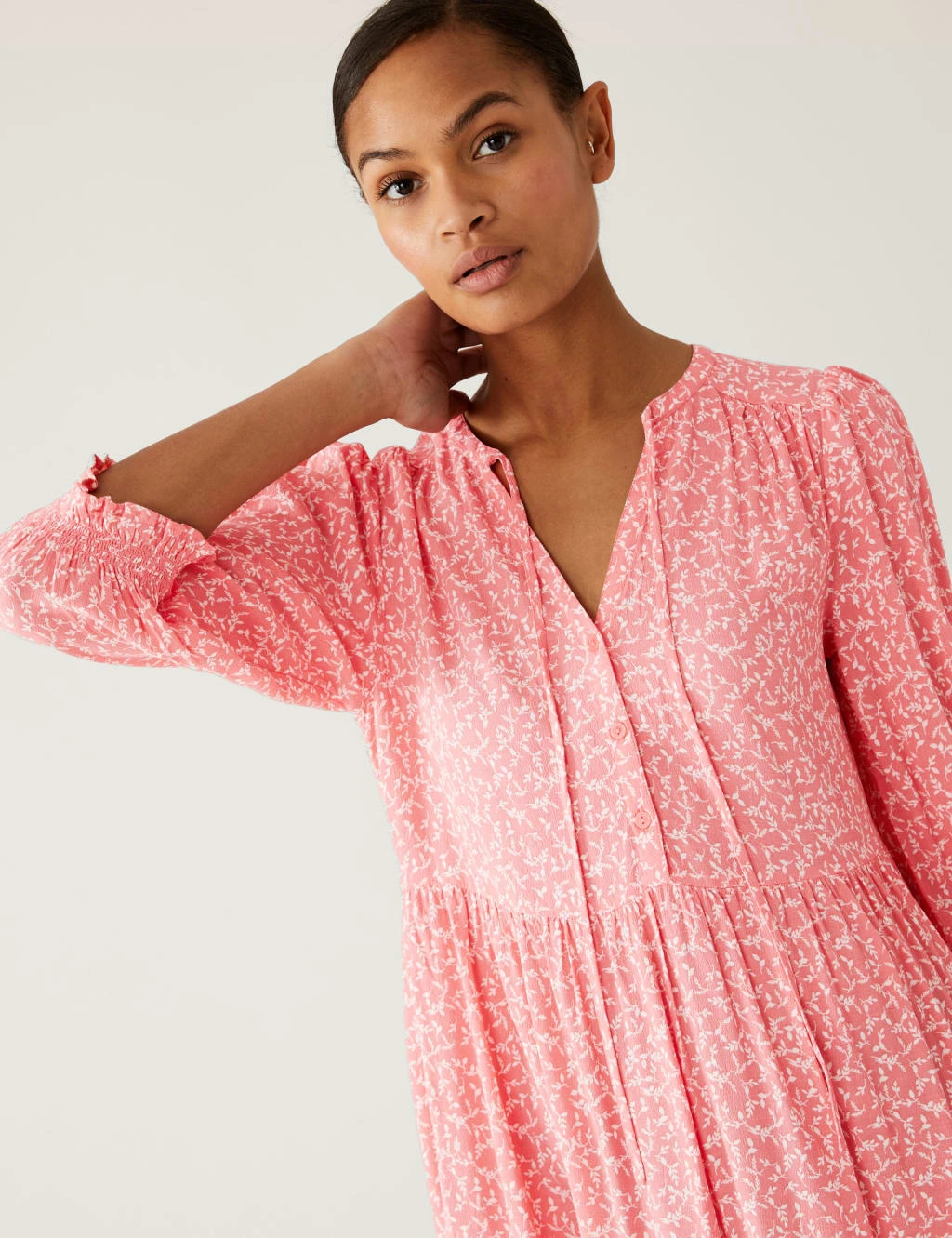 Printed Tie Neck Mini Tiered Dress 4 Printed Tie Neck Mini Tiered Dress - Image 4