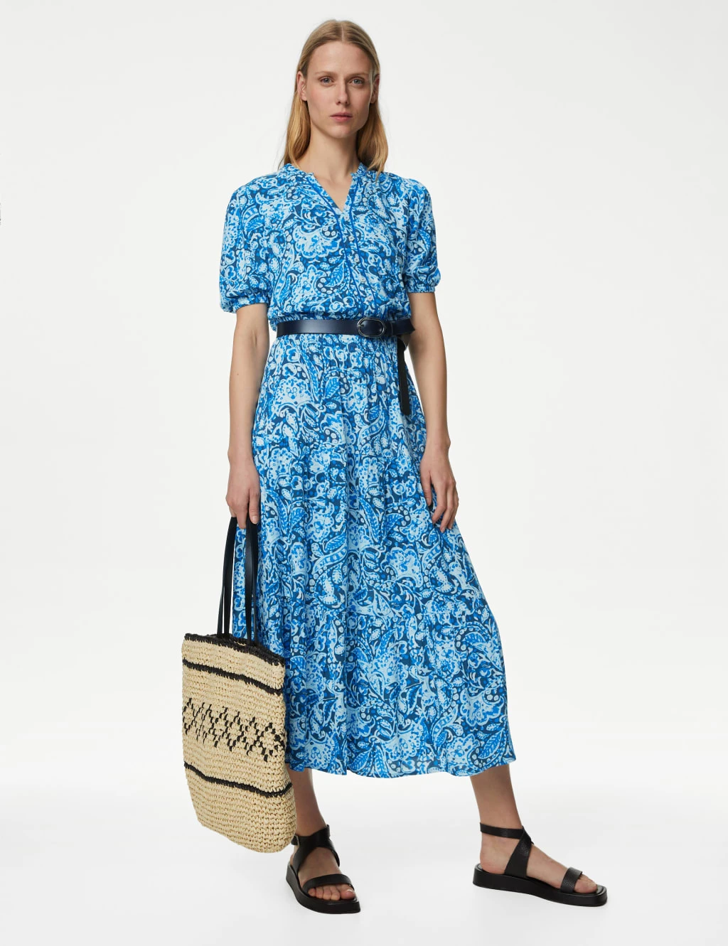 Printed V-Neck Midi Waisted Dress 1 Printed V-Neck Midi Waisted Dress