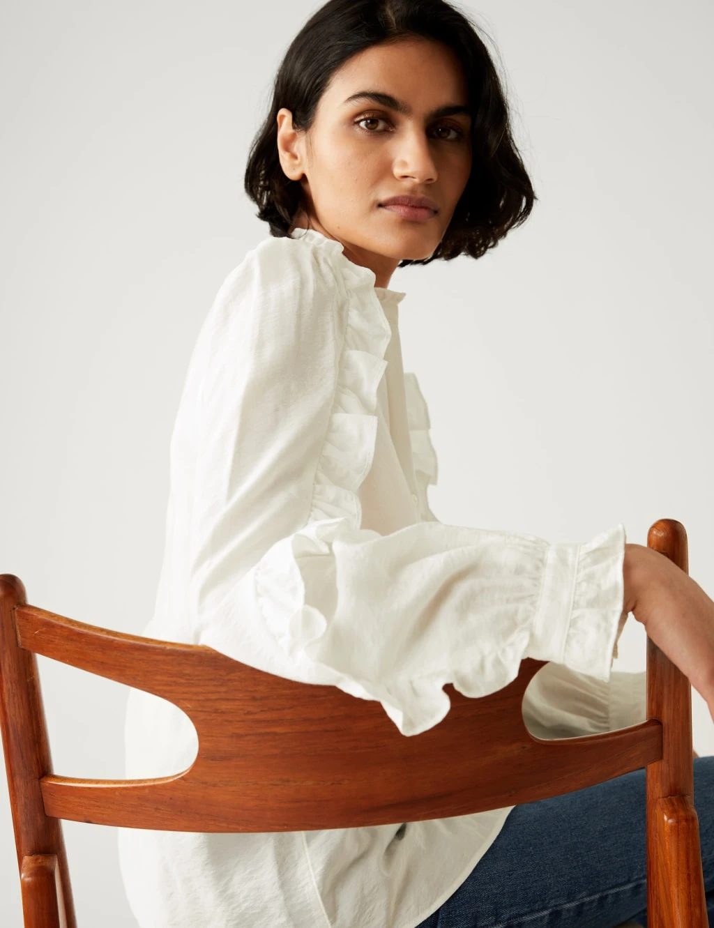 V-Neck Frill Detail Button Through Blouse 3 V-Neck Frill Detail Button Through Blouse - Image 3