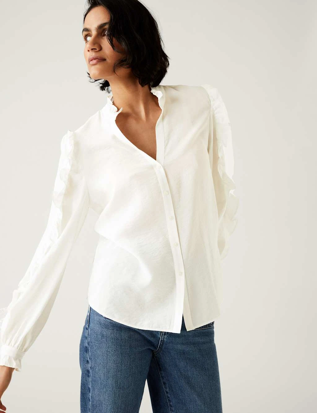 V-Neck Frill Detail Button Through Blouse 4 V-Neck Frill Detail Button Through Blouse - Image 4