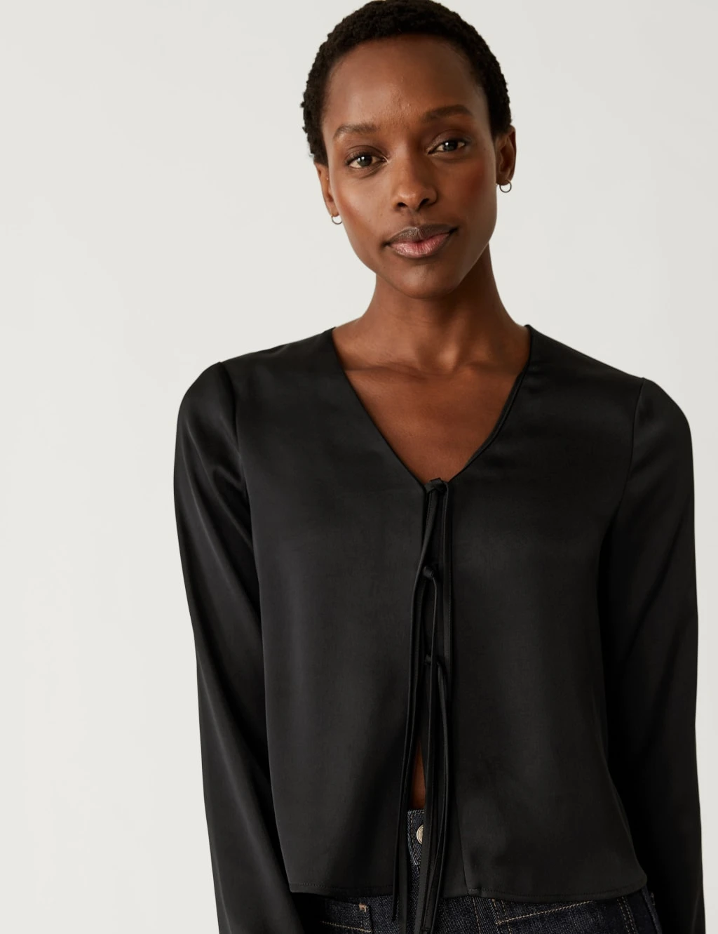 Satin V-Neck Tie Front Blouse 4 Satin V-Neck Tie Front Blouse - Image 4