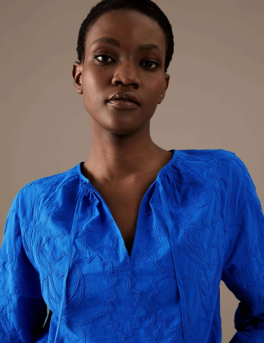 Pure Cotton Embroidered Tie Neck Blouse 3 Pure Cotton Embroidered Tie Neck Blouse - Image 3