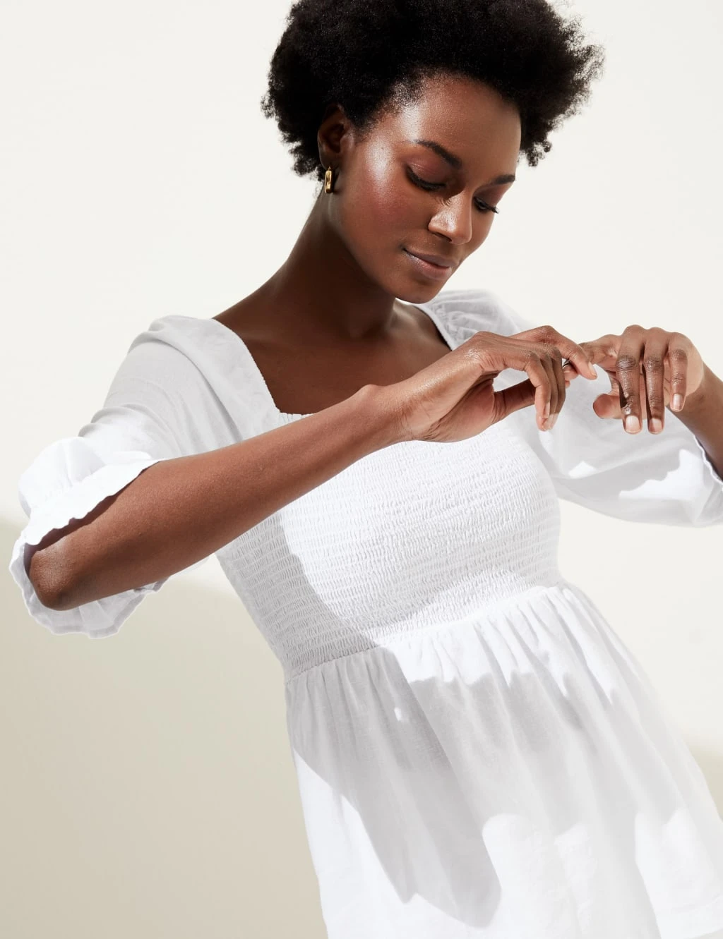 Linen Blend Square Neck Shirred Blouse 3 Linen Blend Square Neck Shirred Blouse - Image 3