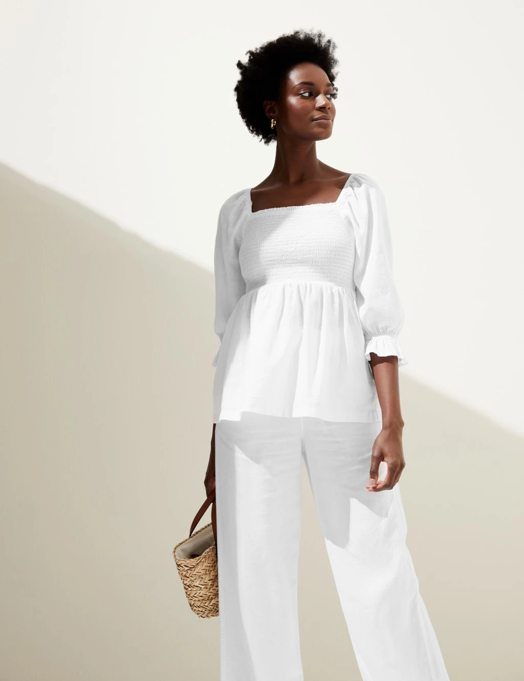 Linen Blend Square Neck Shirred Blouse 4 Linen Blend Square Neck Shirred Blouse - Image 4