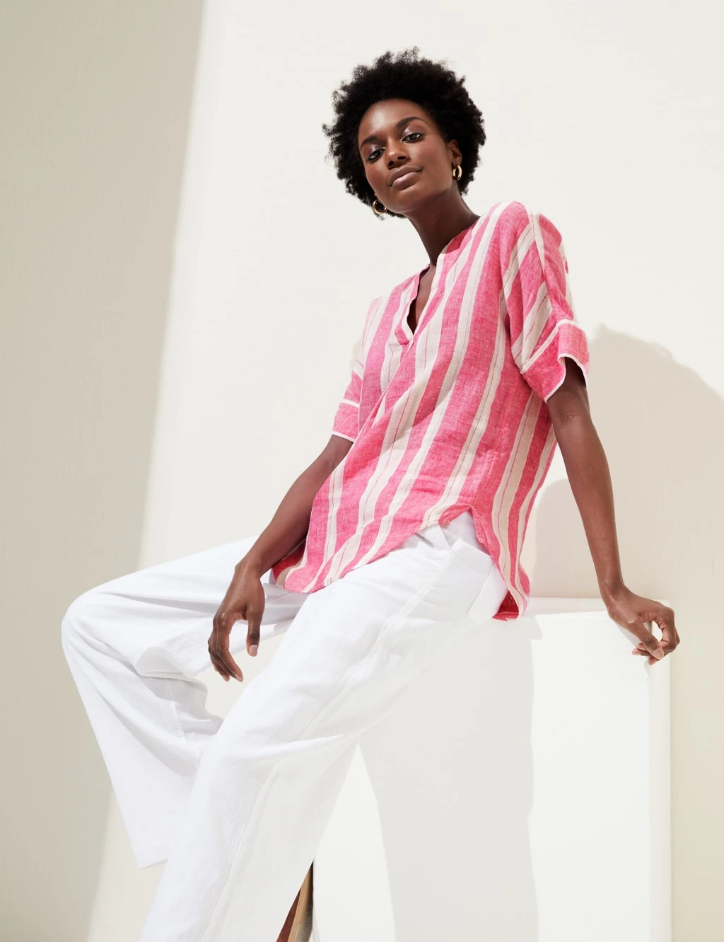 Pure Linen Striped V-Neck Popover Blouse 1 Pure Linen Striped V-Neck Popover Blouse