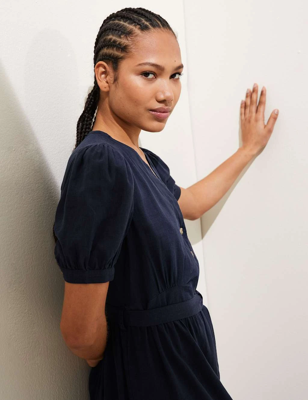 Linen Blend V-Neck Tie Waist Midi Tea Dress 4 Linen Blend V-Neck Tie Waist Midi Tea Dress - Image 4