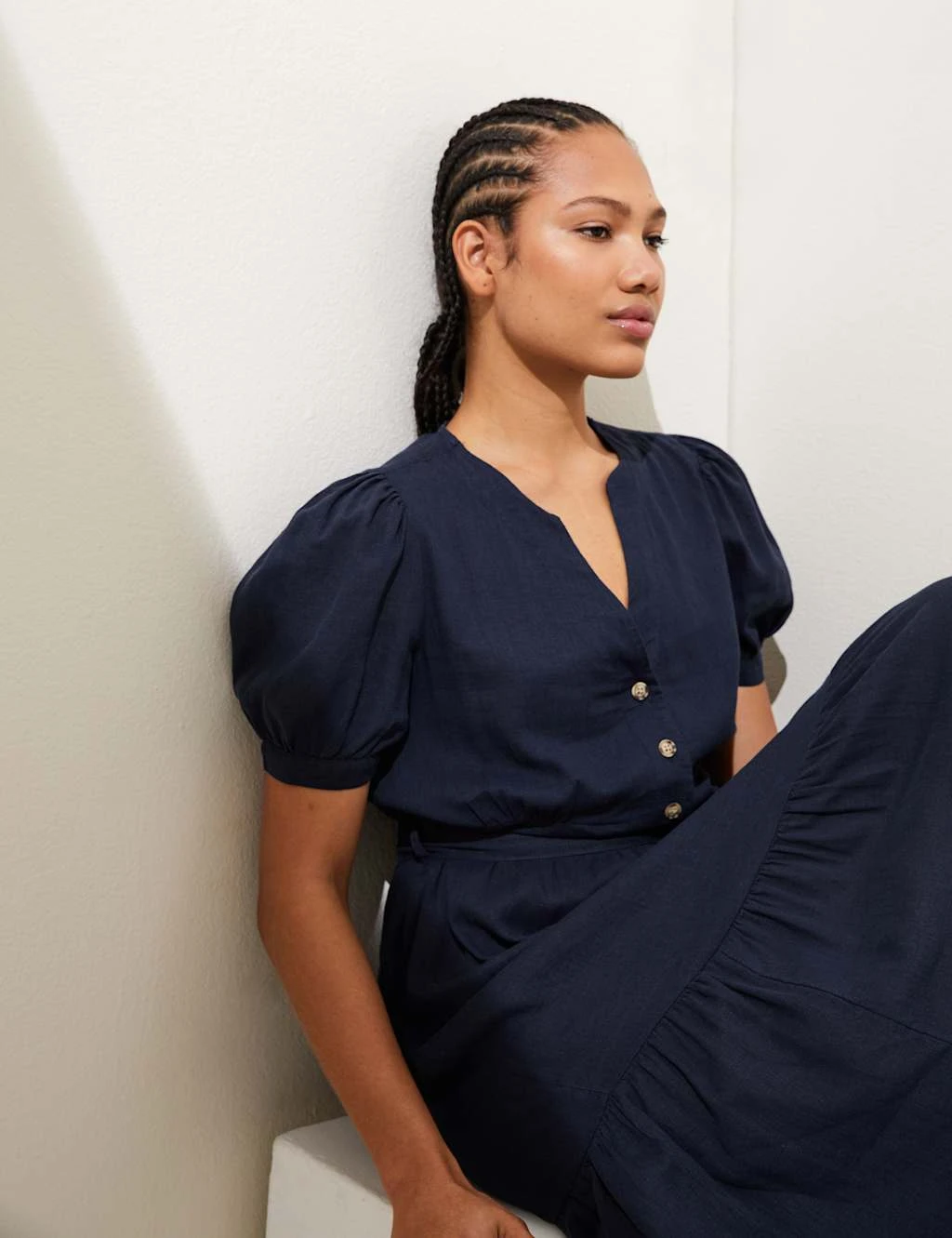 Linen Blend V-Neck Tie Waist Midi Tea Dress 5 Linen Blend V-Neck Tie Waist Midi Tea Dress - Image 5