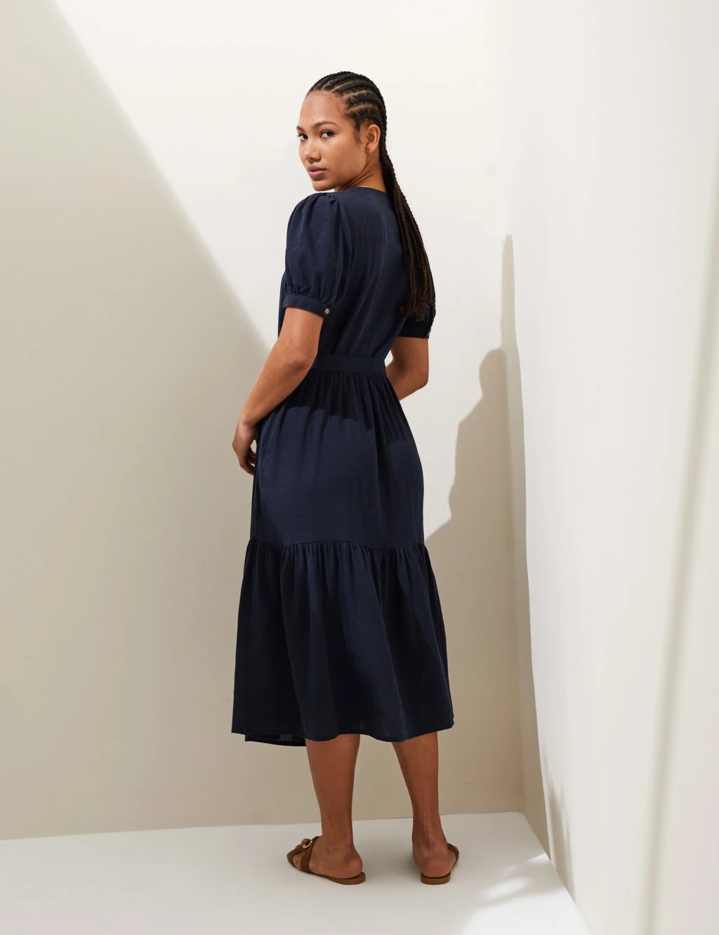 Linen Blend V-Neck Tie Waist Midi Tea Dress 6 Linen Blend V-Neck Tie Waist Midi Tea Dress - Image 6