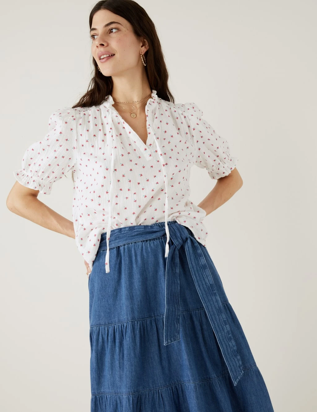 Cotton Rich Textured Floral V-Neck Blouse 3 Cotton Rich Textured Floral V-Neck Blouse - Image 3