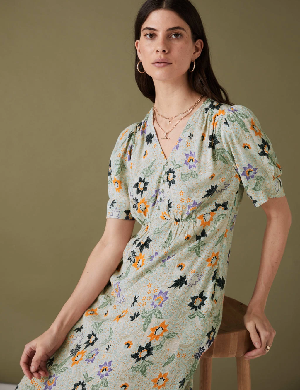 Printed V-Neck Midi Tiered Tea Dress 1 Printed V-Neck Midi Tiered Tea Dress