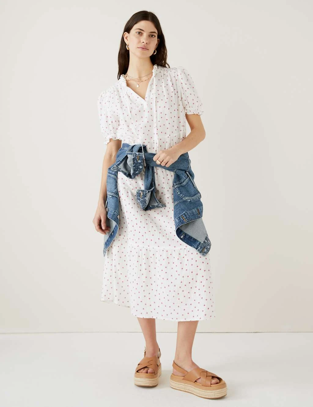 Cotton Rich Floral Tie Neck Midi Dress 1 Cotton Rich Floral Tie Neck Midi Dress