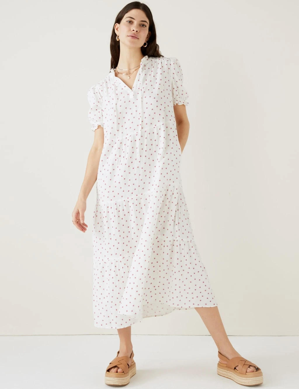 Cotton Rich Floral Tie Neck Midi Dress 4 Cotton Rich Floral Tie Neck Midi Dress - Image 4