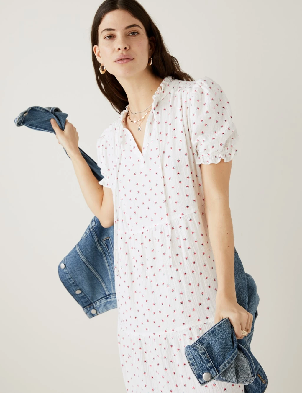 Cotton Rich Floral Tie Neck Midi Dress 5 Cotton Rich Floral Tie Neck Midi Dress - Image 5