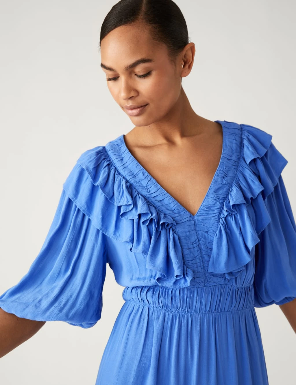 V-Neck Frill Detail Midi Waisted Dress 1 V-Neck Frill Detail Midi Waisted Dress