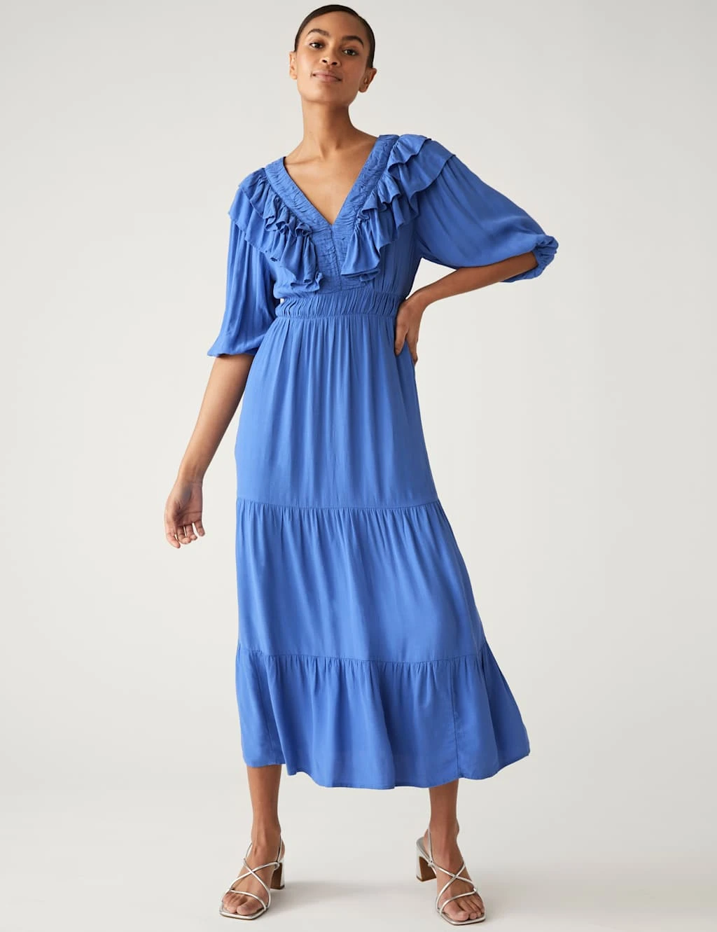 V-Neck Frill Detail Midi Waisted Dress 3 V-Neck Frill Detail Midi Waisted Dress - Image 3