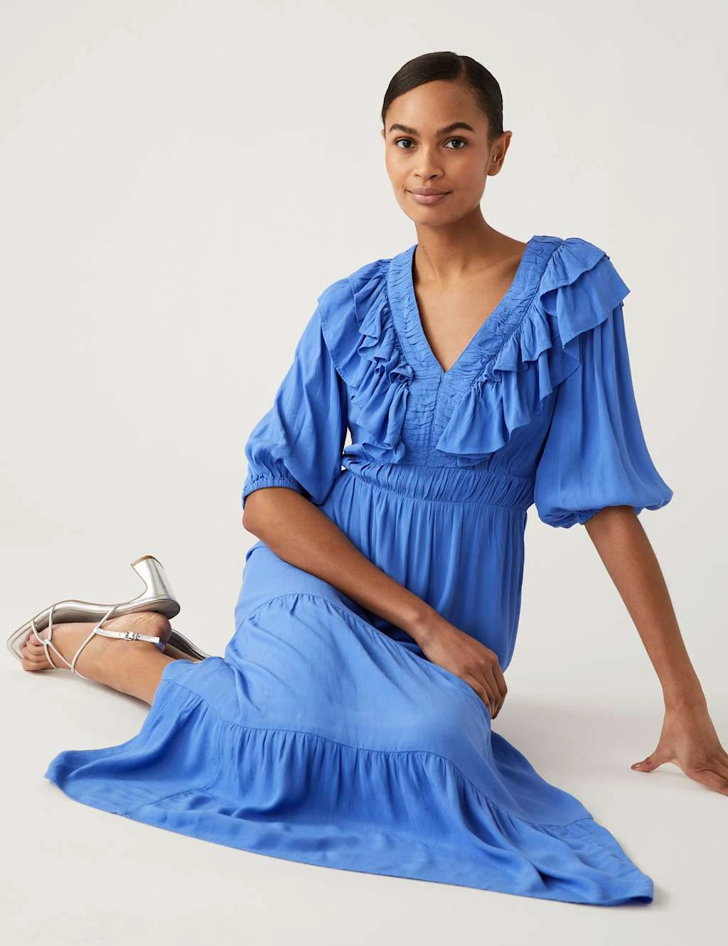 V-Neck Frill Detail Midi Waisted Dress 4 V-Neck Frill Detail Midi Waisted Dress - Image 4
