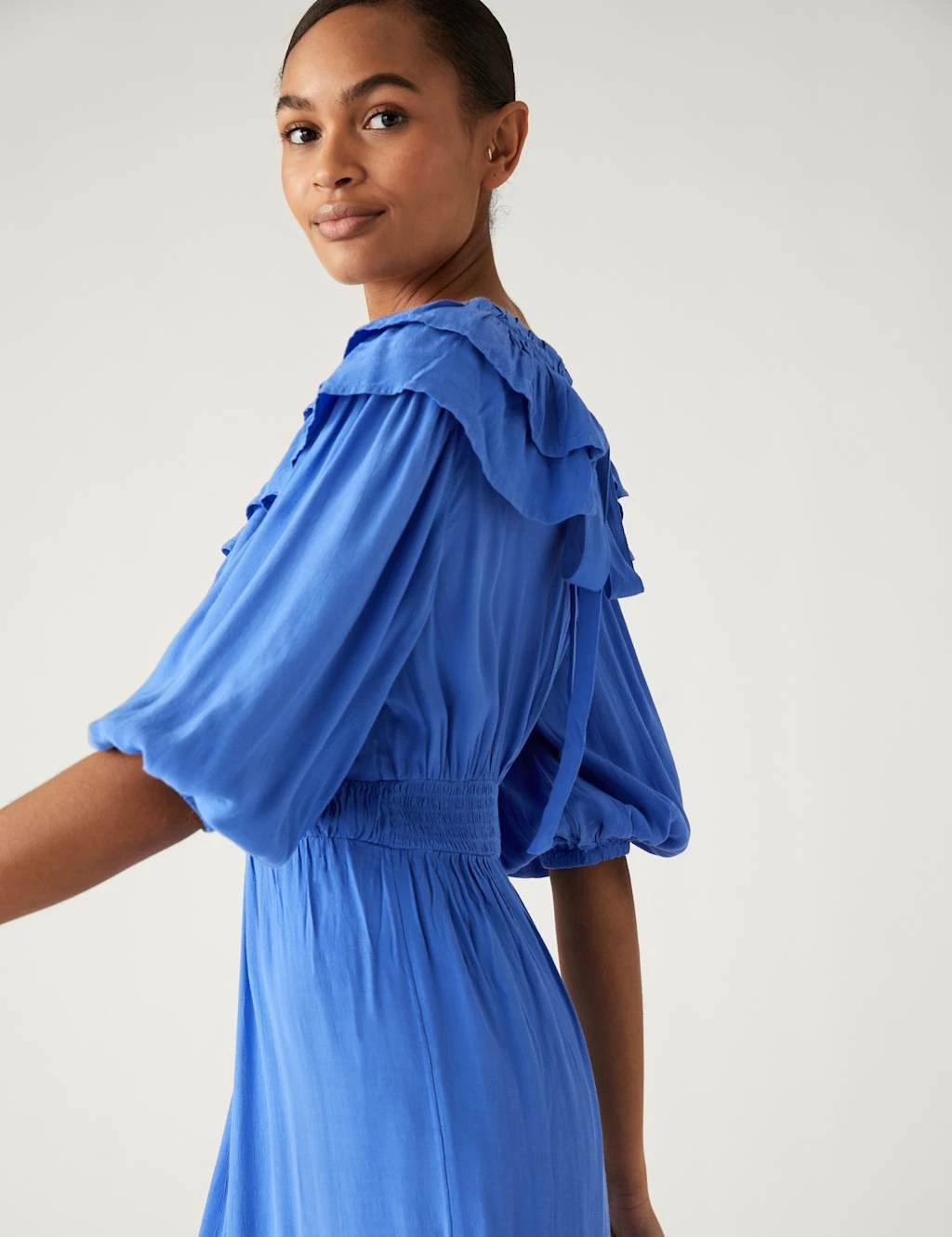 V-Neck Frill Detail Midi Waisted Dress 5 V-Neck Frill Detail Midi Waisted Dress - Image 5