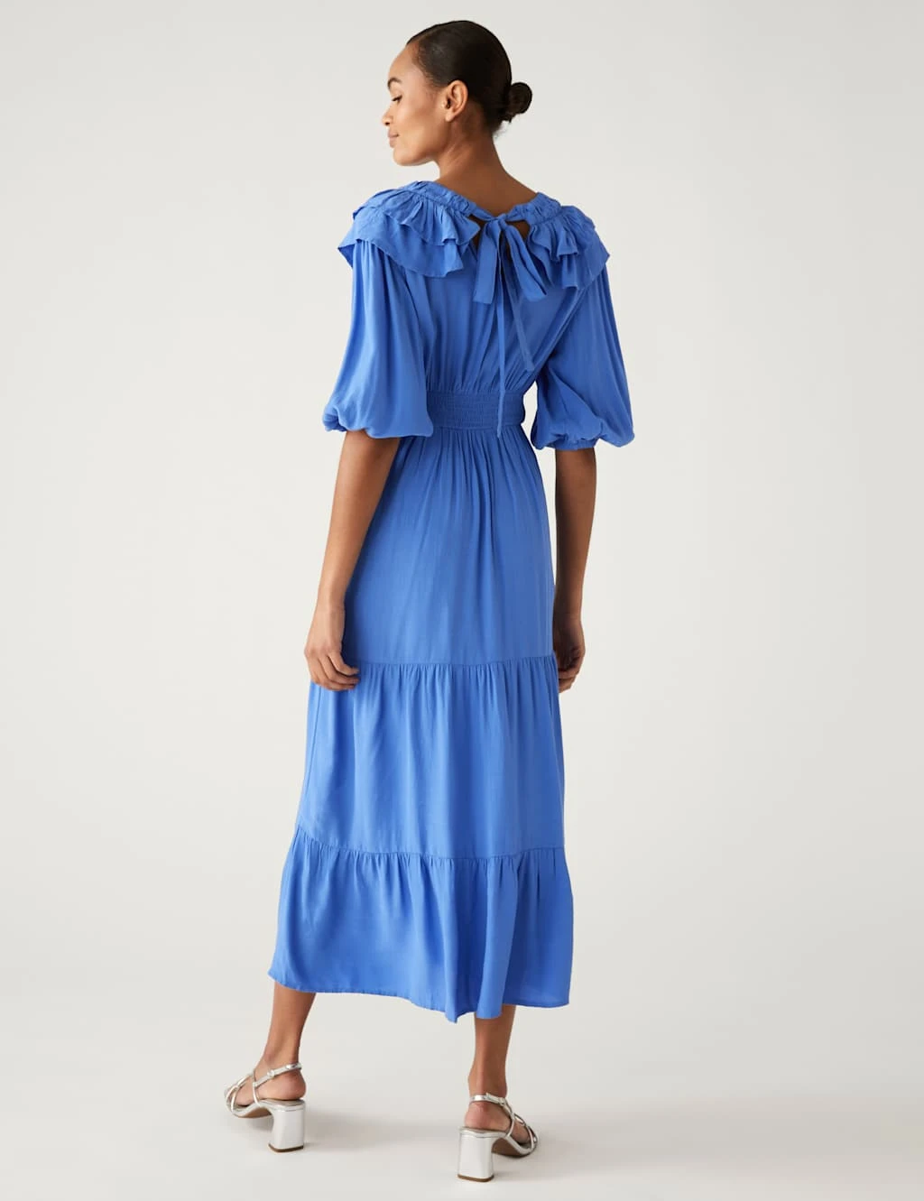 V-Neck Frill Detail Midi Waisted Dress 6 V-Neck Frill Detail Midi Waisted Dress - Image 6