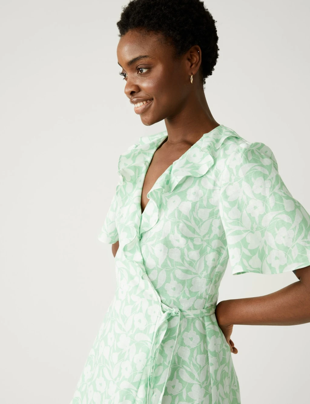 Linen Rich Floral V-Neck Midi Wrap Dress 1 Linen Rich Floral V-Neck Midi Wrap Dress