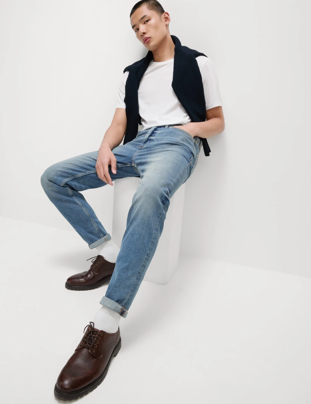 Tapered Fit Vintage Wash Stretch Jeans 1 Tapered Fit Vintage Wash Stretch Jeans