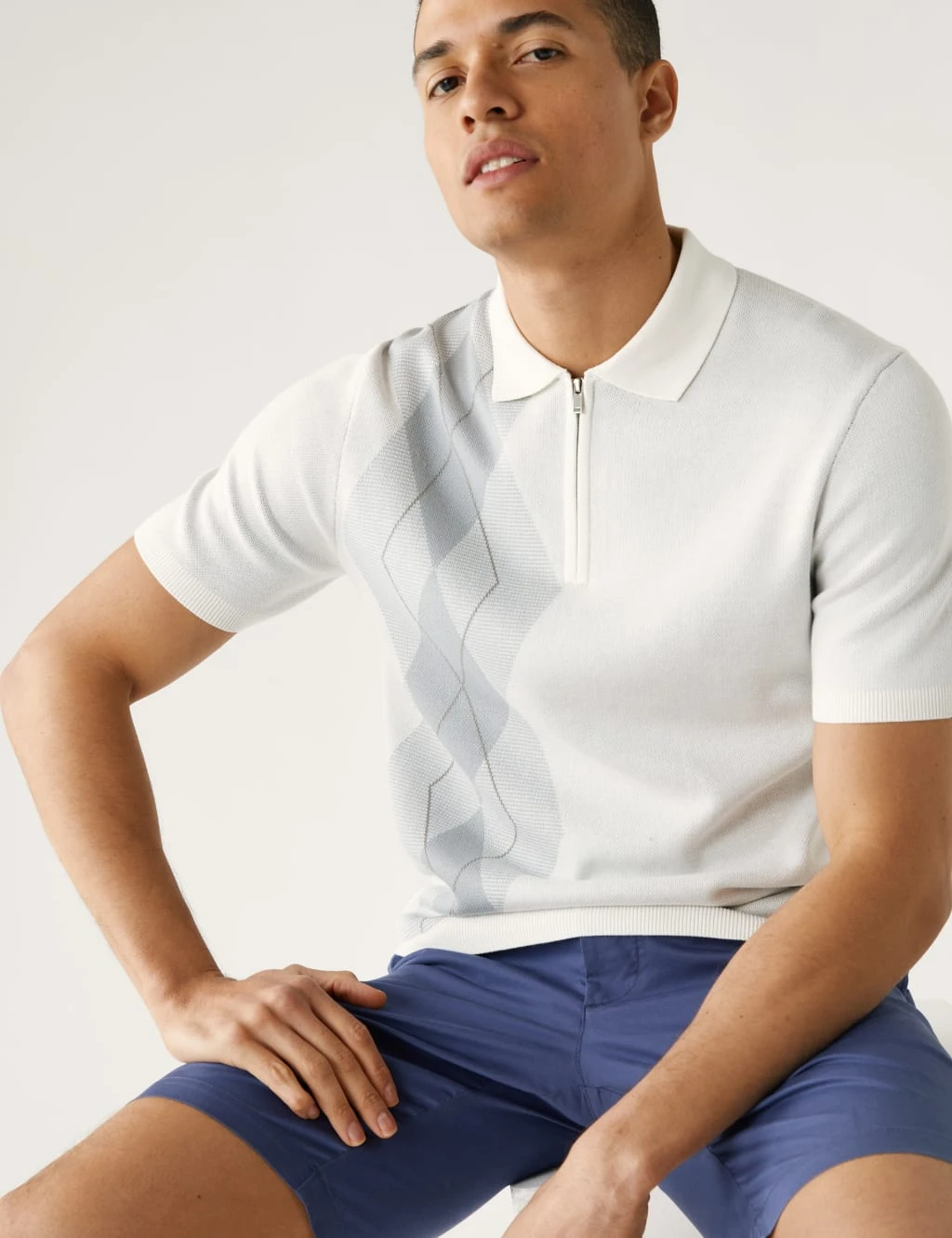 Cotton Rich Arygle Knitted Polo Shirt 1 Cotton Rich Arygle Knitted Polo Shirt