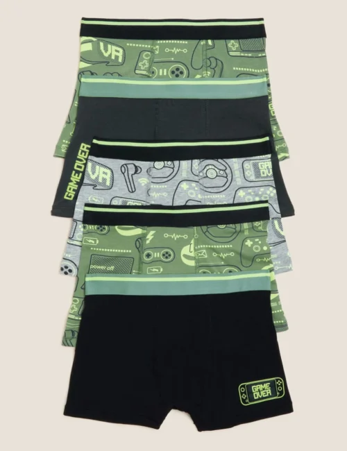 5pk Cotton Rich Gaming Trunks (5-16 Yrs)