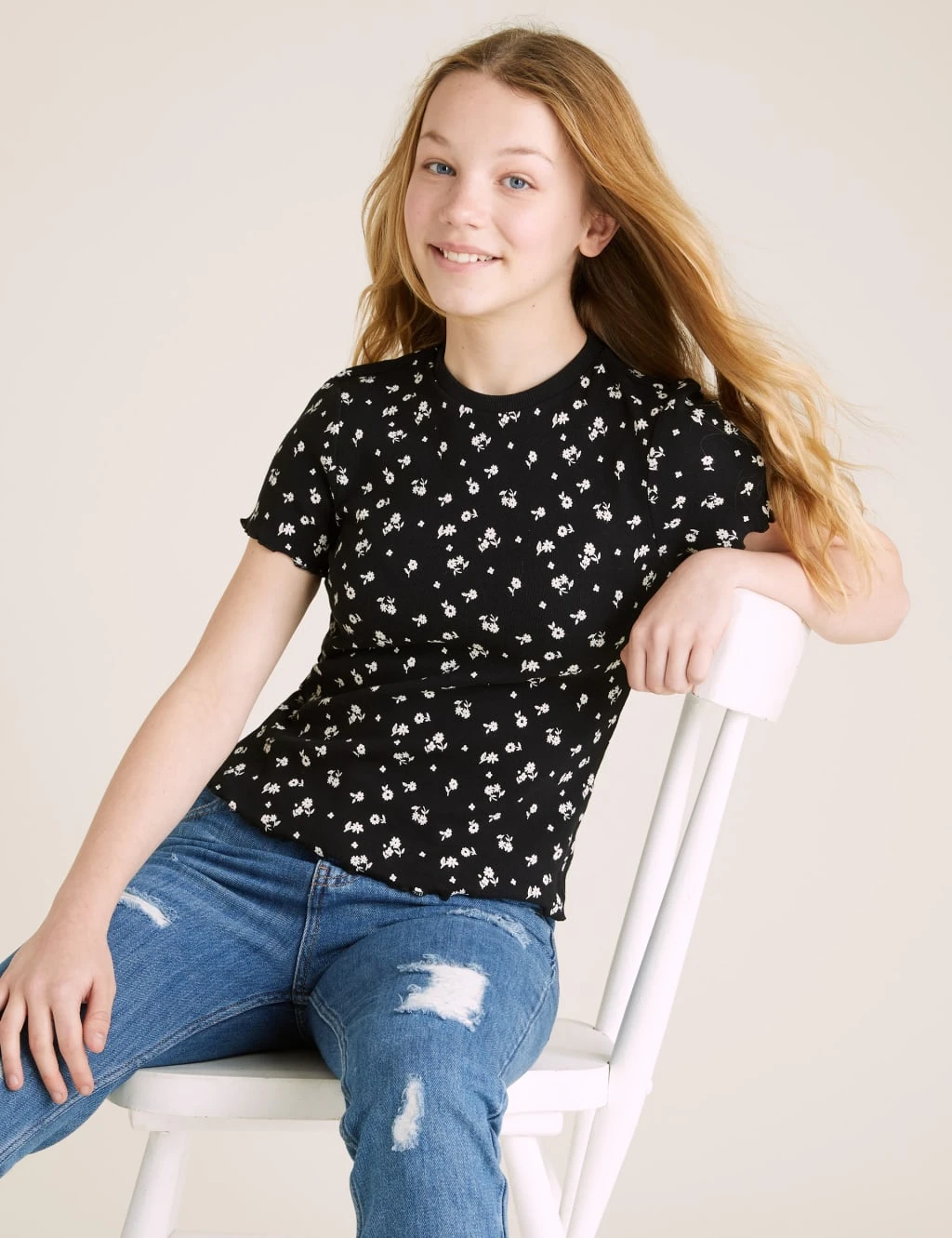 Cotton Rich Floral Print Ribbed T-shirt (6-16 Yrs) 1 Cotton Rich Floral Print Ribbed T-shirt (6-16 Yrs)