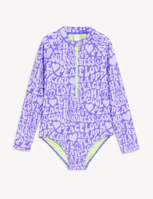 Retro Print Long Sleeve Swimsuit (6-16 Yrs)