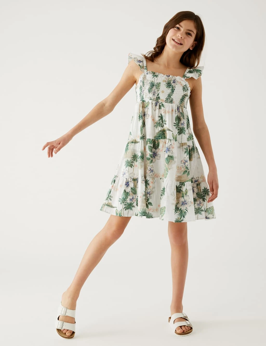 Pure Cotton Tropical Tiered Dress (6-16 Yrs) 1 Pure Cotton Tropical Tiered Dress (6-16 Yrs)