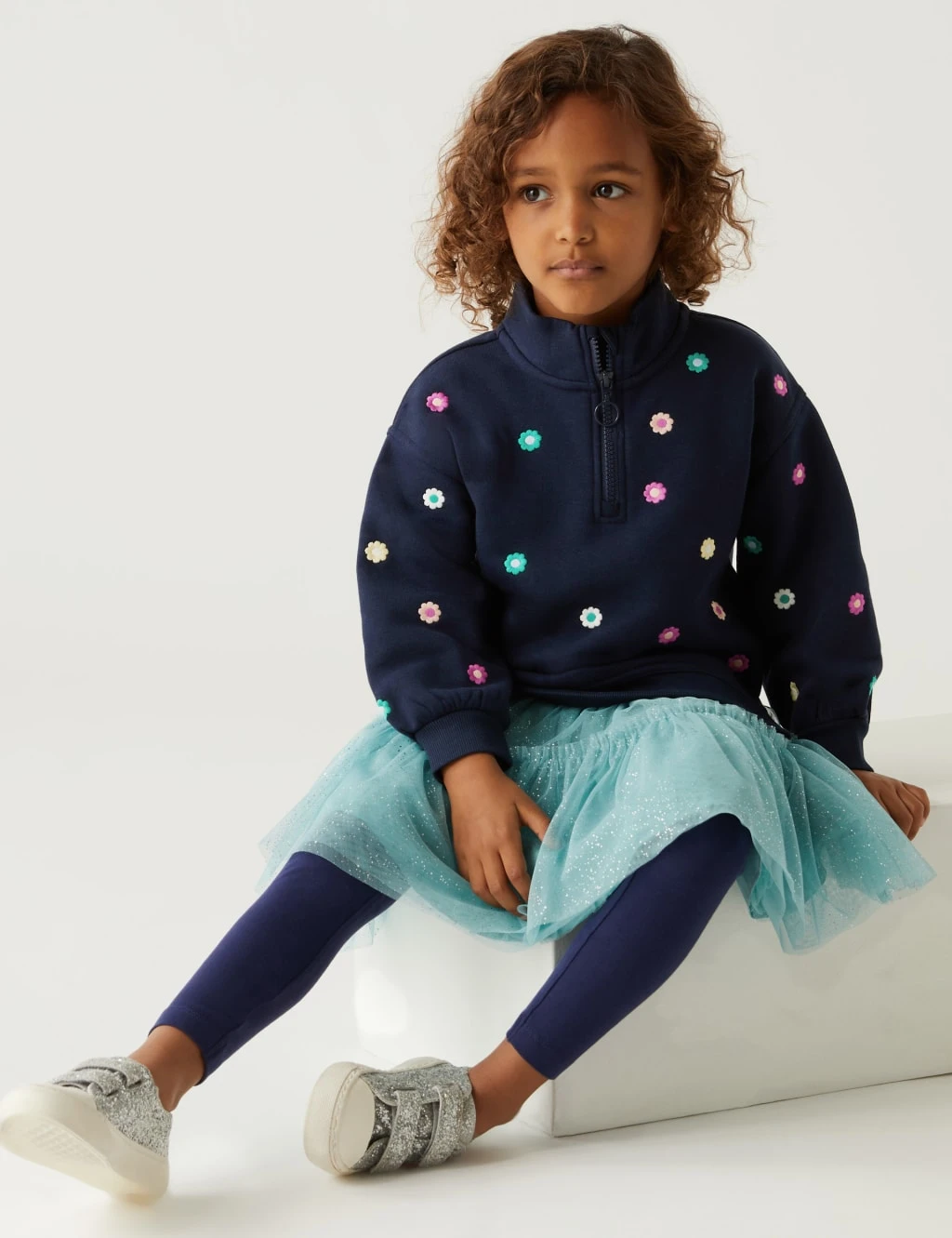 Cotton Rich Floral Half Zip Sweatshirt (2-8 Yrs) 1 Cotton Rich Floral Half Zip Sweatshirt (2-8 Yrs)