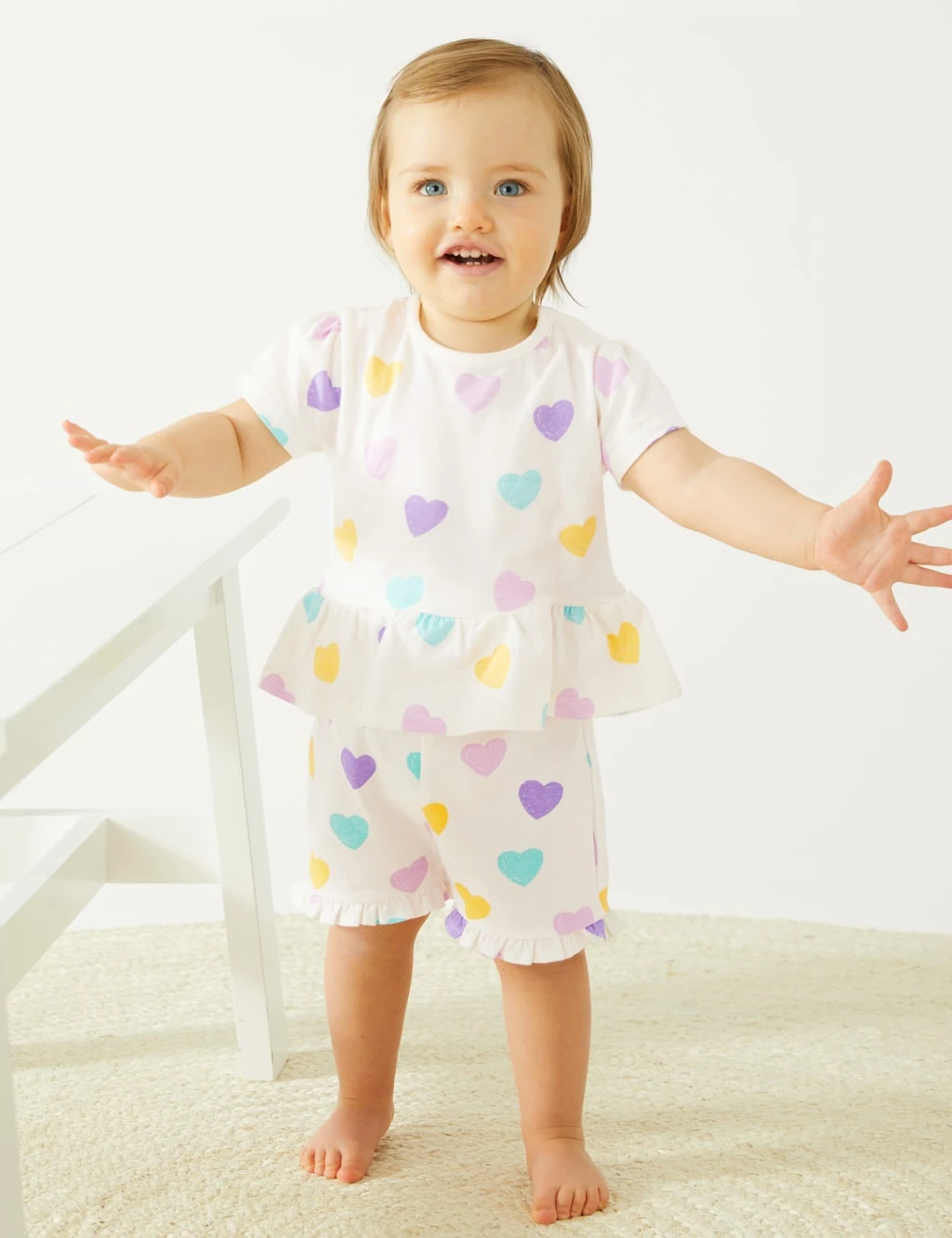 Pure Cotton Heart Print Frill Shorts (0-3 Yrs) 1 Pure Cotton Heart Print Frill Shorts (0-3 Yrs)