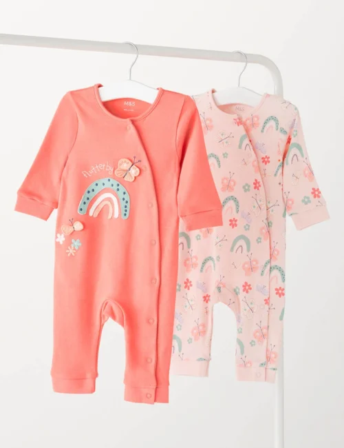 2pk Pure Cotton Butterfly Sleepsuits (5 Lbs - 3 Yrs)