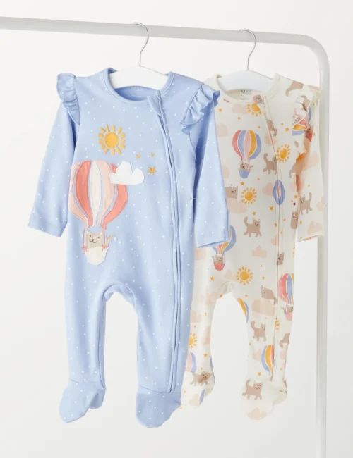 2pk Cotton Rich Cat & Balloon Sleepsuits (0-3 Yrs)