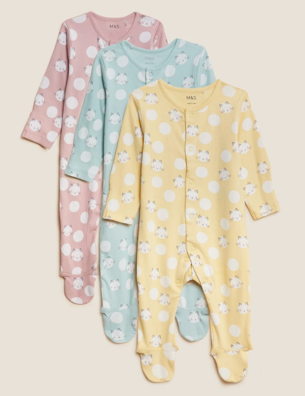 3pk Cotton Rich Cat Print Sleepsuits (6½lbs-3 Yrs) 1 3pk Cotton Rich Cat Print Sleepsuits (6½lbs-3 Yrs)