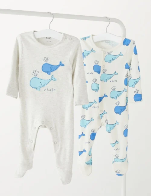 2pk Cotton Rich Whale Sleepsuits (5 Lbs - 3 Yrs)