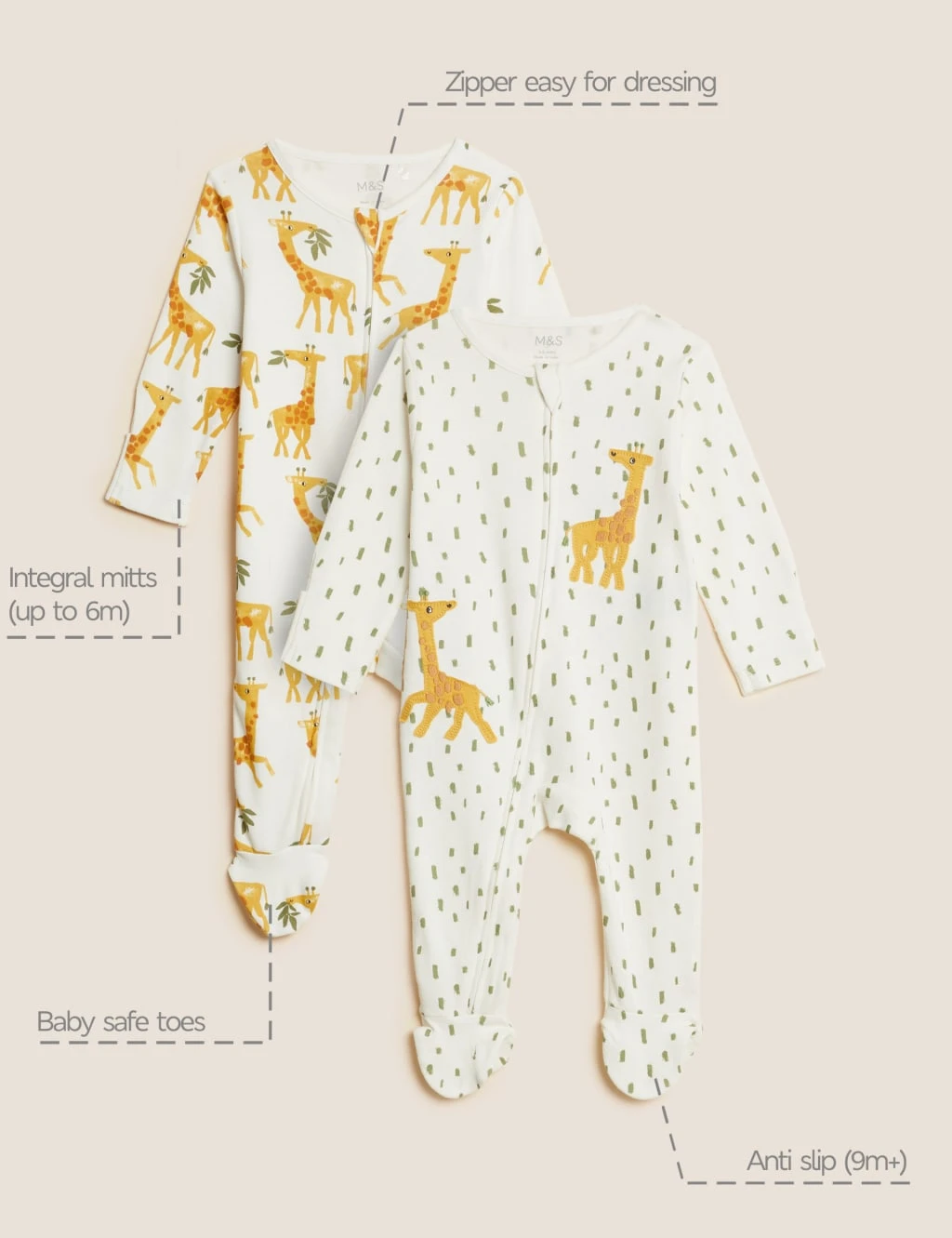 2pk Pure Cotton Giraffe Sleepsuits (0-3 Yrs) 7 2pk Pure Cotton Giraffe Sleepsuits (0-3 Yrs) - Image 7