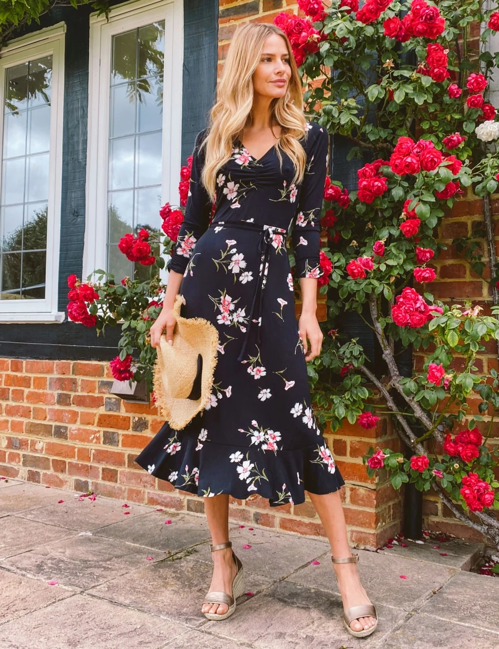 Jersey Floral V-Neck Midi Skater Dress 1 Jersey Floral V-Neck Midi Skater Dress