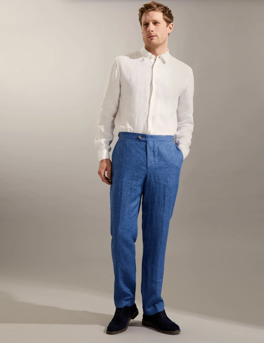 Jaeger Tailored Fit Pure Linen Flat Front Trousers 3 Jaeger Tailored Fit Pure Linen Flat Front Trousers - Image 3