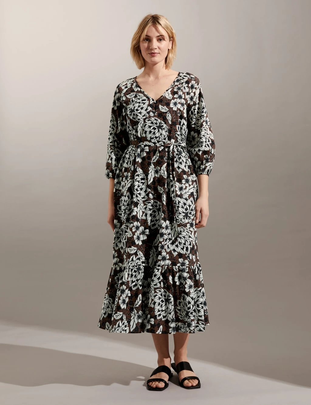 Jaeger Pure Cotton Floral V-Neck Midi Tiered Dress 3 Jaeger Pure Cotton Floral V-Neck Midi Tiered Dress - Image 3