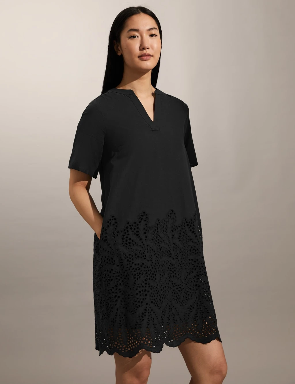 Jaeger Pure Cotton Broderie V-Neck Mini Shift Dress 1 Jaeger Pure Cotton Broderie V-Neck Mini Shift Dress